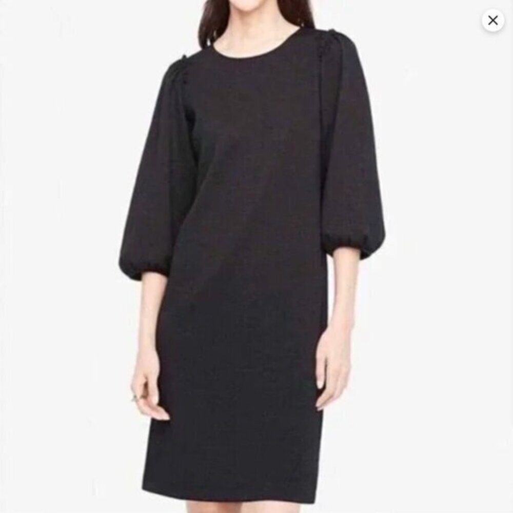 Ann Taylor Black Shift Dress Bubble Sleeve Textured Fabric Ruffle Shoulder Large